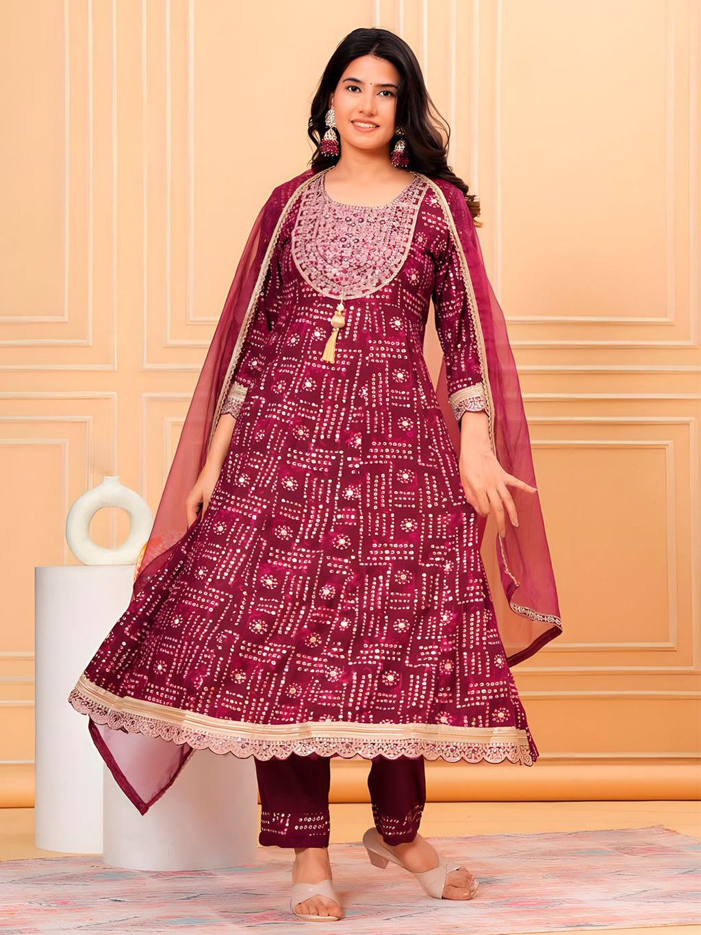 Embroidered & Bandhani Printed Kurta with pant & dupatta (Wine) Hiralal Fashion