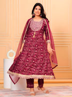Embroidered & Bandhani Printed Kurta with pant & dupatta (Wine) Hiralal Fashion