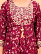 Embroidered & Bandhani Printed Kurta with pant & dupatta (Wine) Hiralal Fashion