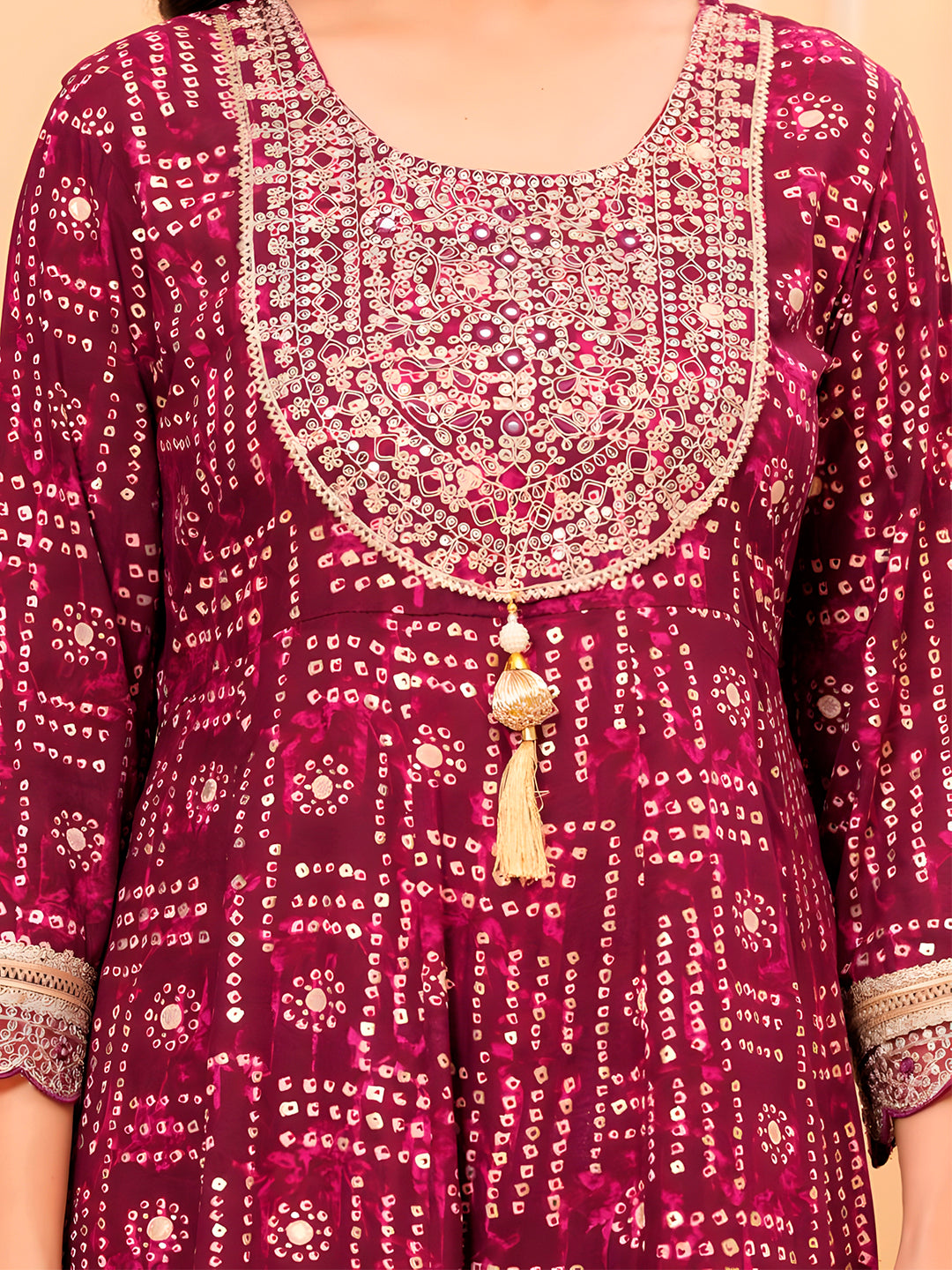 Embroidered & Bandhani Printed Kurta with pant & dupatta (Wine) Hiralal Fashion