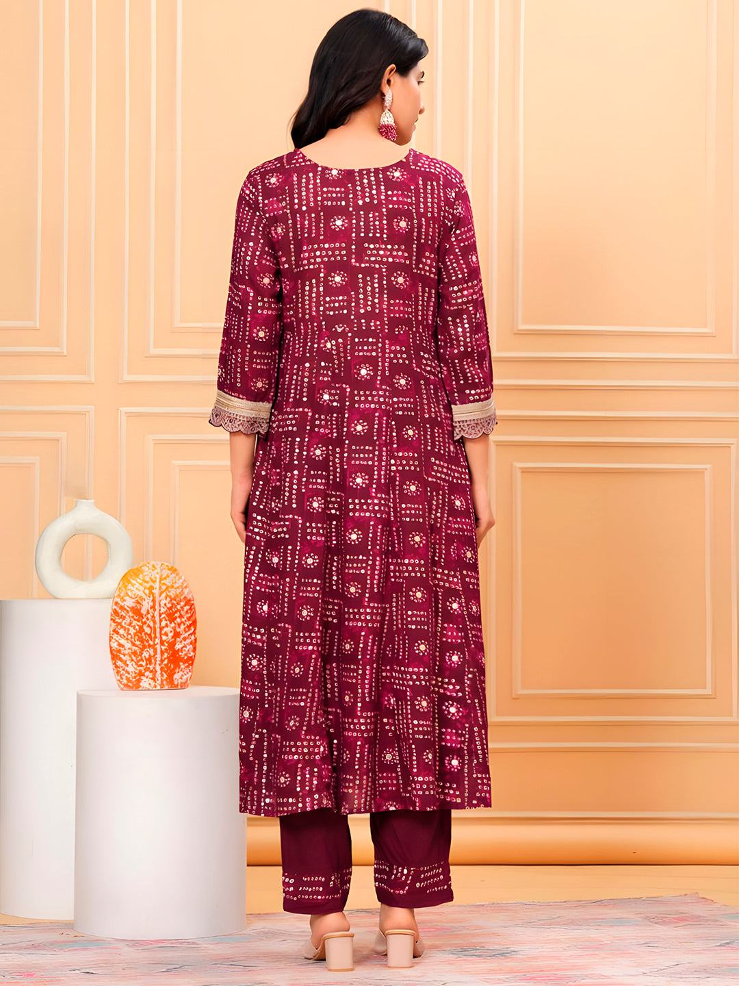 Embroidered & Bandhani Printed Kurta with pant & dupatta (Wine) Hiralal Fashion