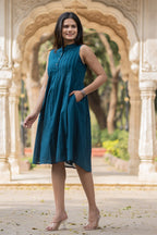 Blue Solid Knee Length Cotton Dress Bada Boota