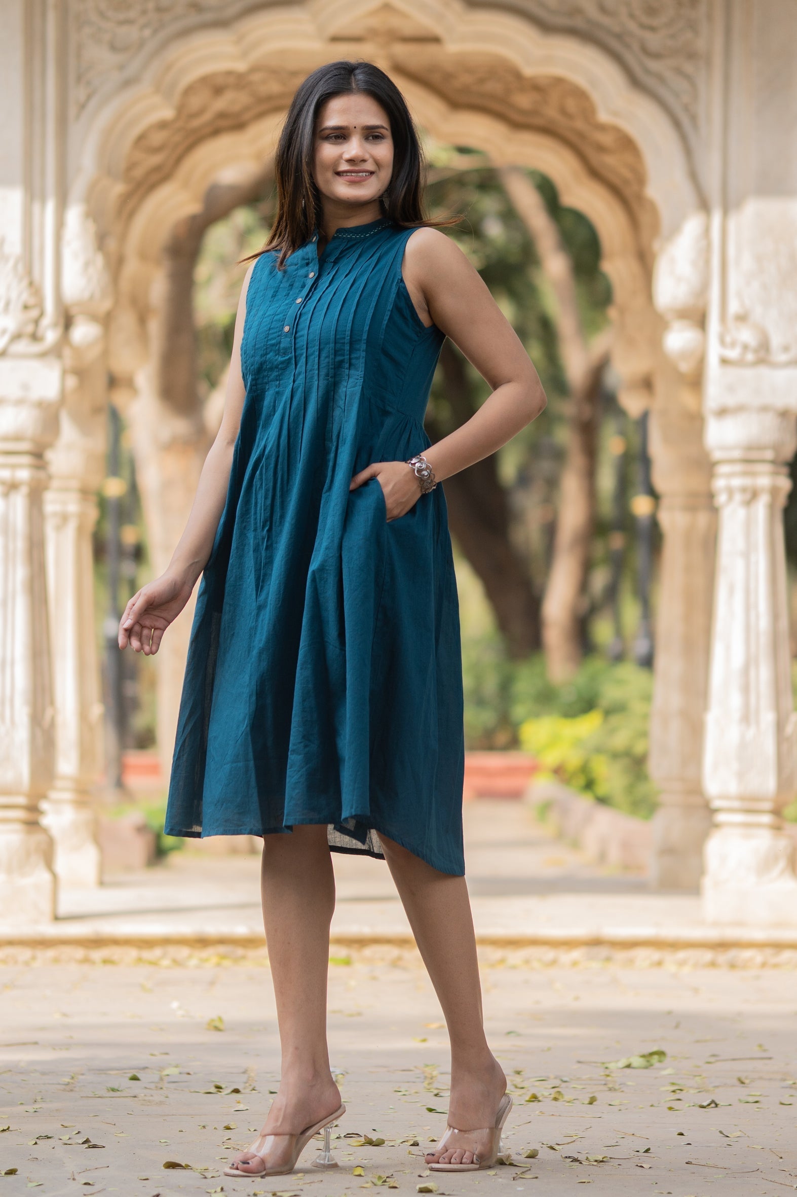 Blue Solid Knee Length Cotton Dress Bada Boota