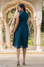 Blue Solid Knee Length Cotton Dress Bada Boota