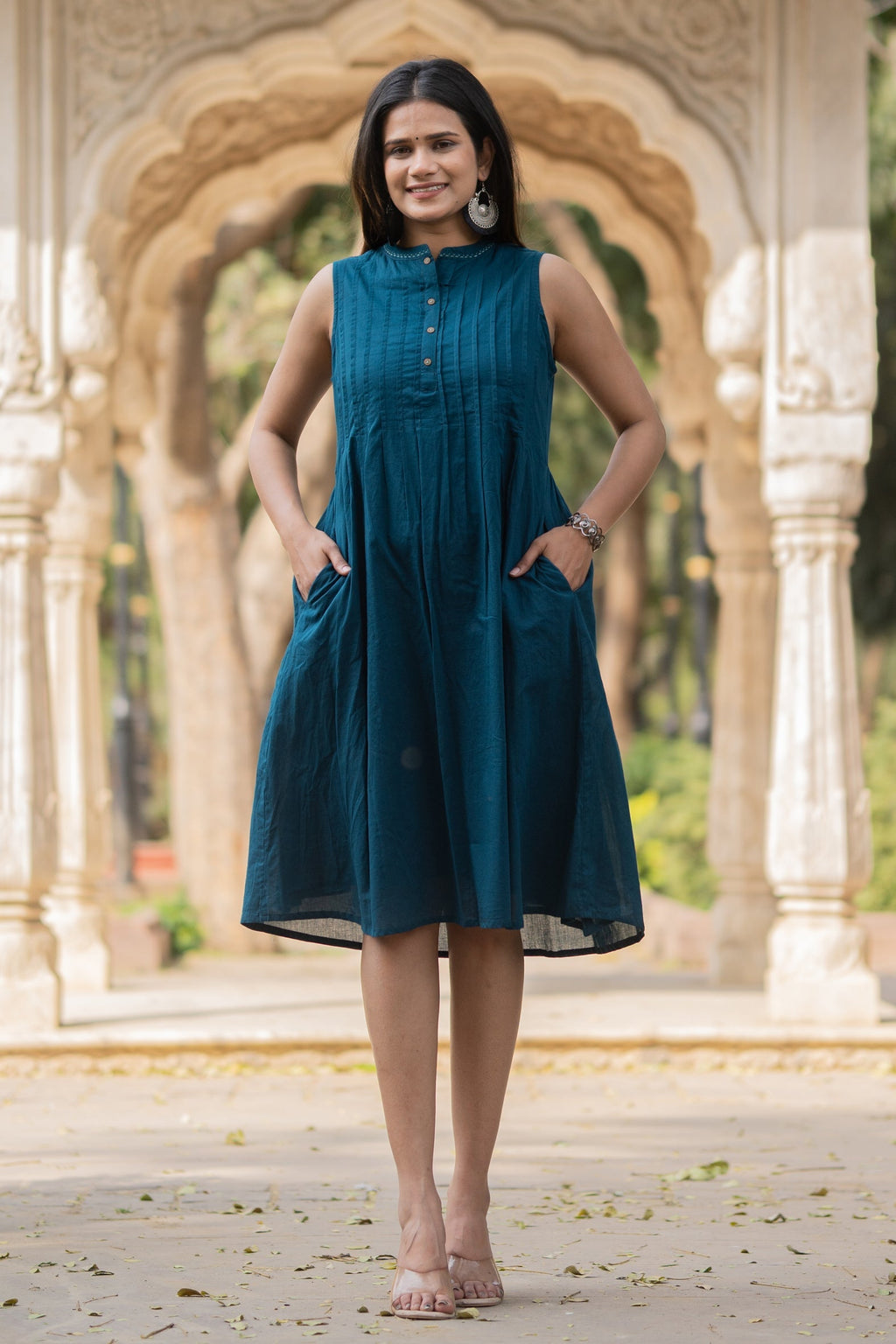 Blue Solid Knee Length Cotton Dress Bada Boota