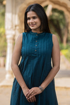 Blue Solid Knee Length Cotton Dress Bada Boota