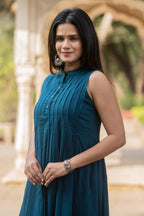 Blue Solid Knee Length Cotton Dress Bada Boota