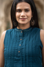 Blue Solid Knee Length Cotton Dress Bada Boota