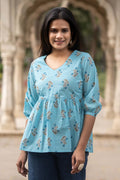 Sea Blue Flared Cotton Printed Short Top Bada Boota