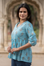 Sea Blue Flared Cotton Printed Short Top Bada Boota