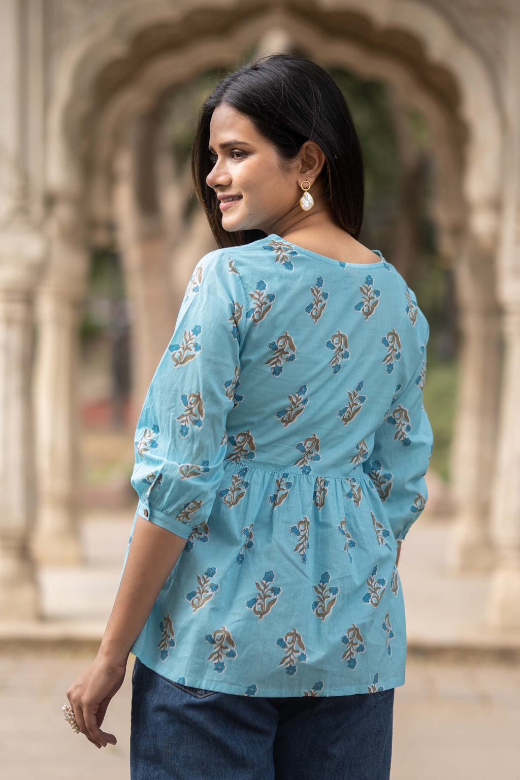 Sea Blue Flared Cotton Printed Short Top Bada Boota