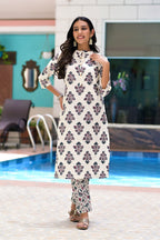 Off White Cotton Printed Kurta with Pant- Set of 2 Bada Boota