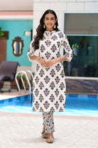 Off White Cotton Printed Kurta with Pant- Set of 2 Bada Boota