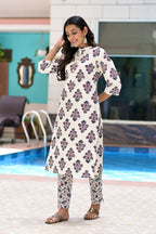 Off White Cotton Printed Kurta with Pant- Set of 2 Bada Boota