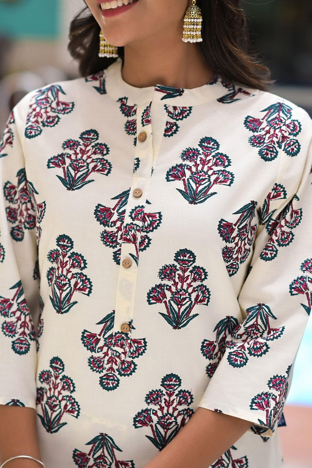 Off White Cotton Printed Kurta with Pant- Set of 2 Bada Boota