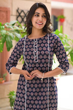 Black Cotton Printed Straight Kurta With Pants- Set of 2 Bada Boota