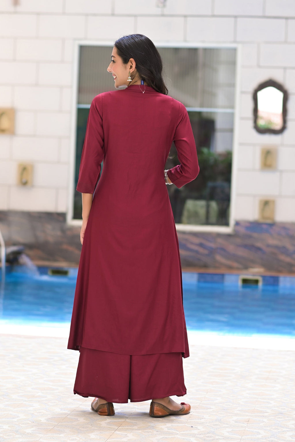 Maroon Rayon Embroideried Solid Long Kurta with Palazzo- Set of 2 Bada Boota