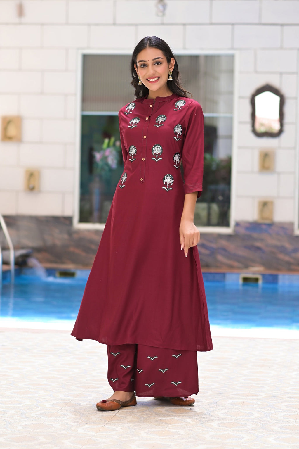 Maroon Rayon Embroideried Solid Long Kurta with Palazzo- Set of 2 Bada Boota