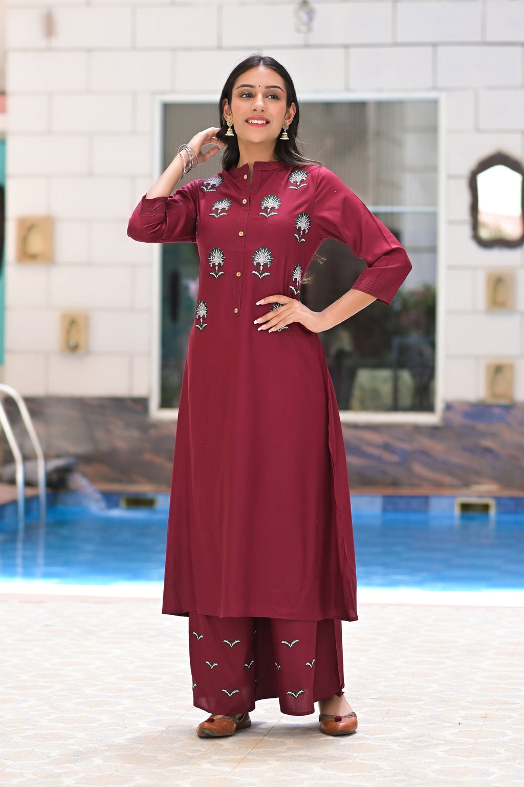 Maroon Rayon Embroideried Solid Long Kurta with Palazzo- Set of 2 Bada Boota