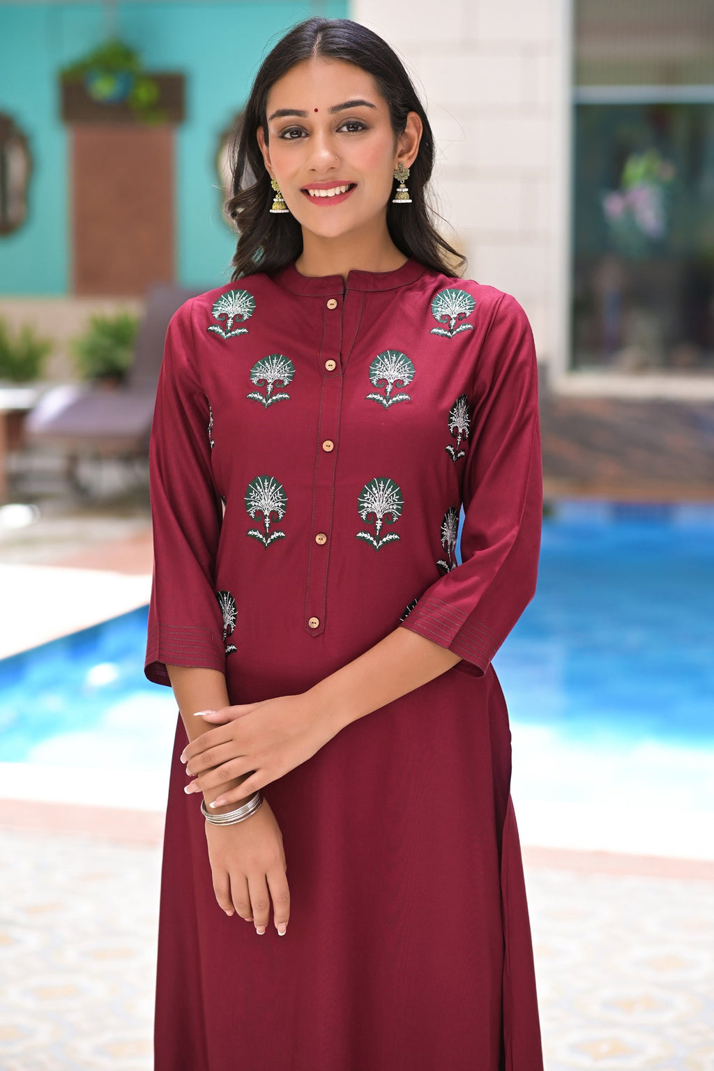 Maroon Rayon Embroideried Solid Long Kurta with Palazzo- Set of 2 Bada Boota