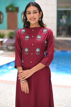 Maroon Rayon Embroideried Solid Long Kurta with Palazzo- Set of 2 Bada Boota