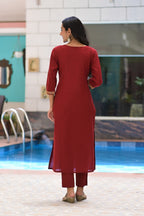 Embroidered Maroon Cotton Suit with Chiffon Dupatta -A Set of 3 Bada Boota