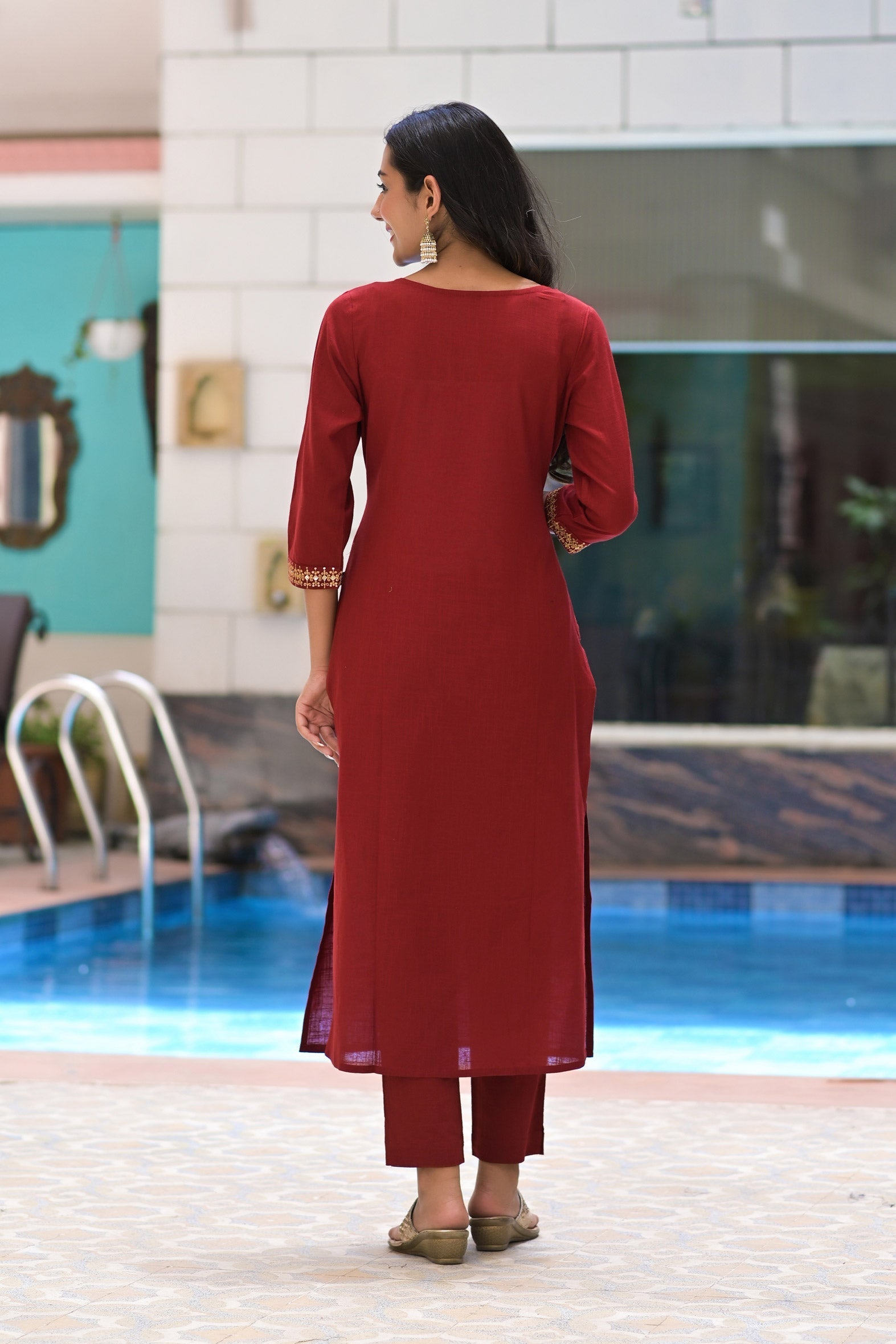 Embroidered Maroon Cotton Suit with Chiffon Dupatta -A Set of 3 Bada Boota