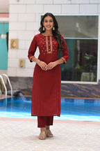Embroidered Maroon Cotton Suit with Chiffon Dupatta -A Set of 3 Bada Boota