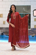 Embroidered Maroon Cotton Suit with Chiffon Dupatta -A Set of 3 Bada Boota
