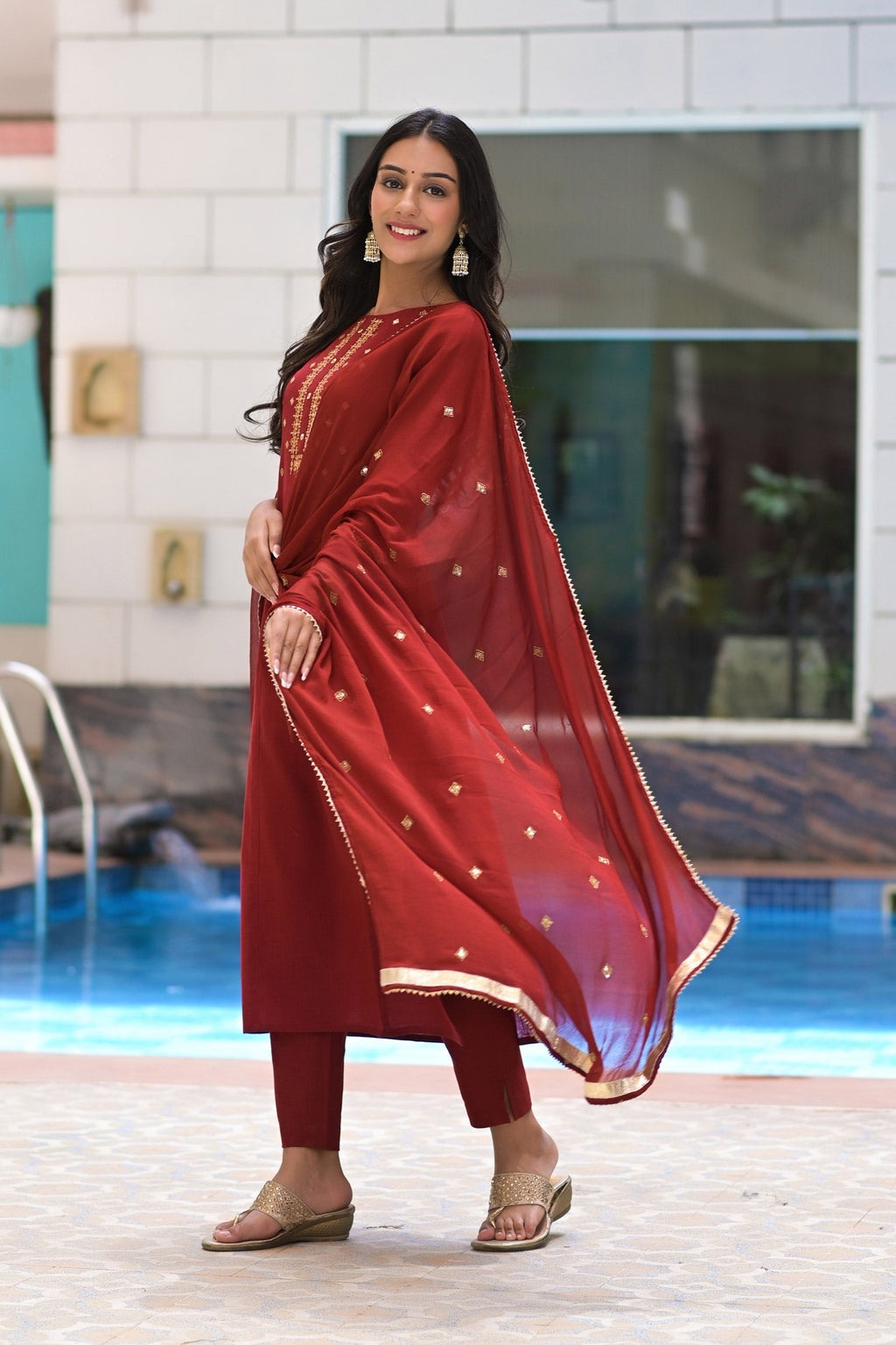 Embroidered Maroon Cotton Suit with Chiffon Dupatta -A Set of 3 Bada Boota
