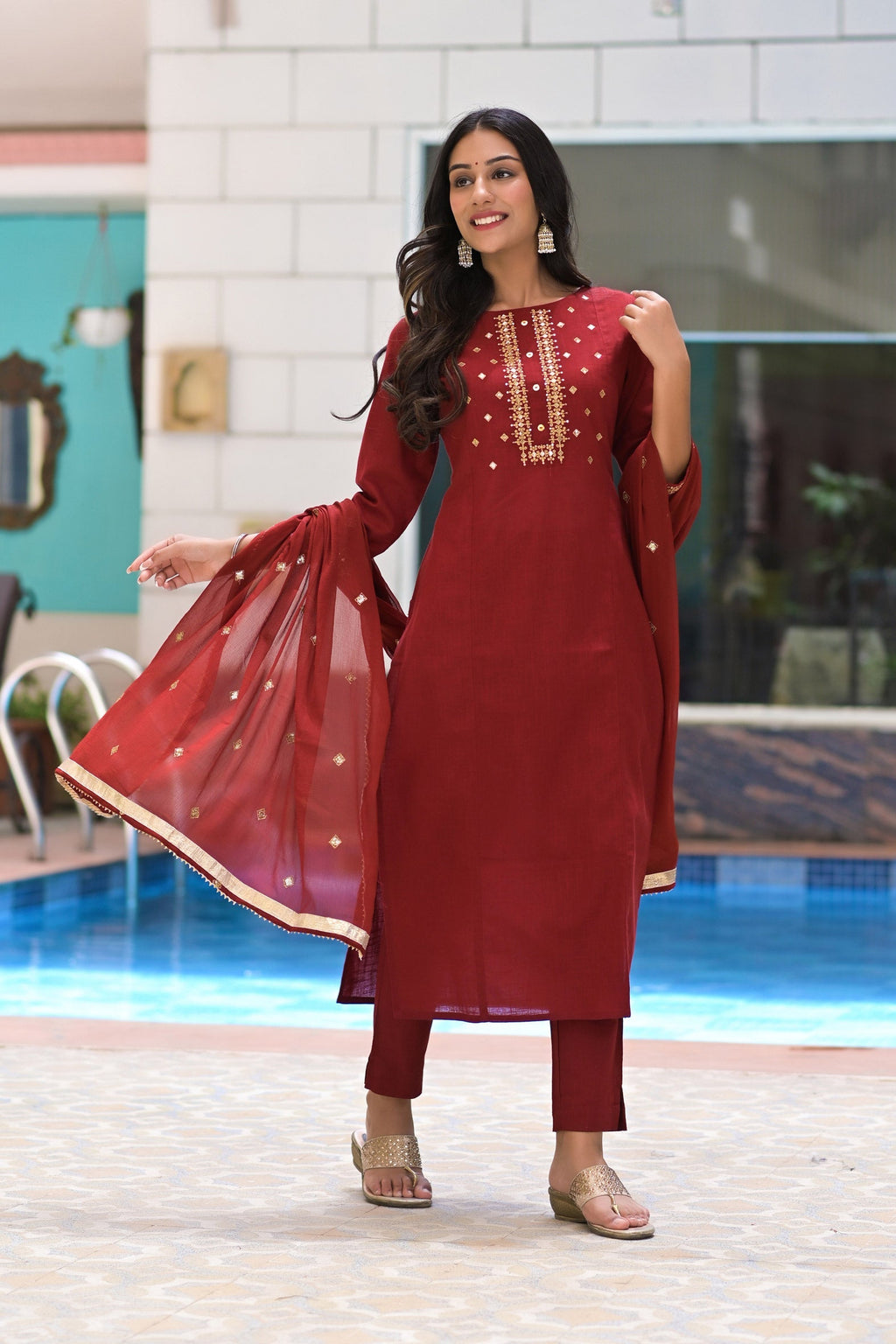 Embroidered Maroon Cotton Suit with Chiffon Dupatta -A Set of 3 Bada Boota