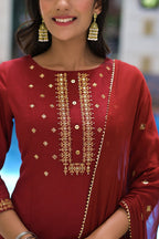 Embroidered Maroon Cotton Suit with Chiffon Dupatta -A Set of 3 Bada Boota