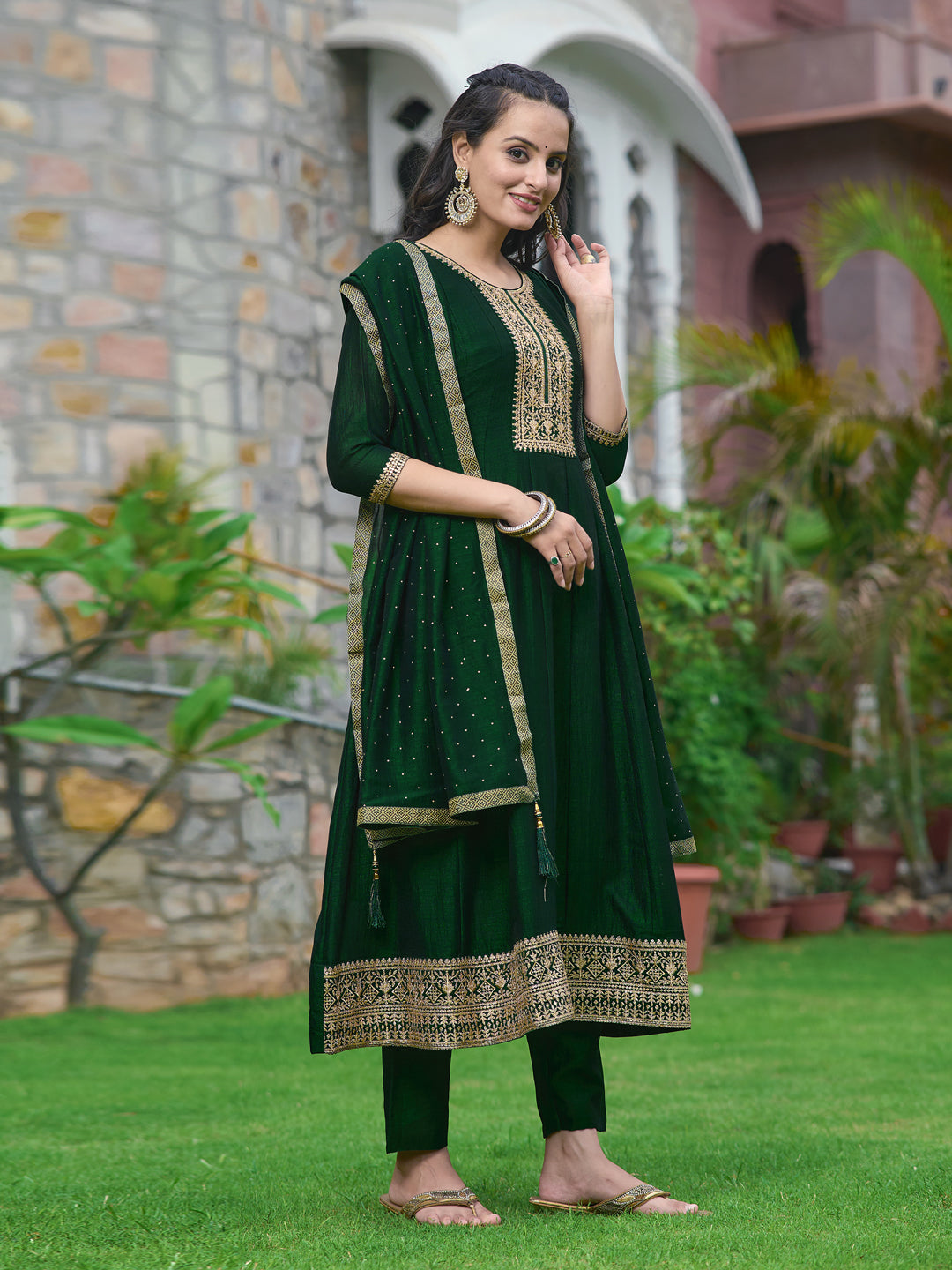 Anarkali Embroidered kurta with pant & Dupatta (Green) Hiralal Fashion