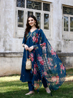 Embroidered & Floral Printed Flared Kurta with pant & dupatta (Blue) Hiralal Fashion