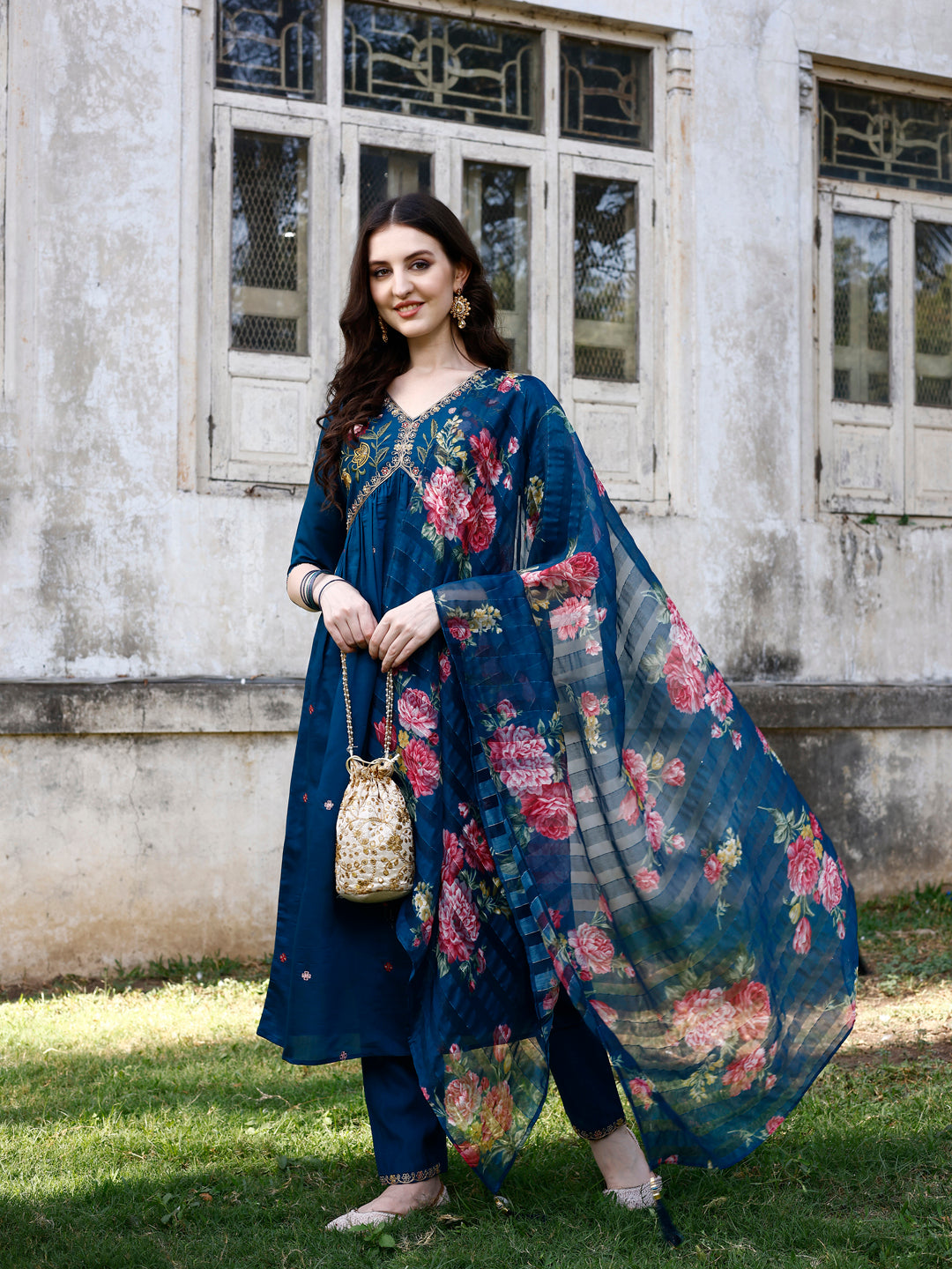 Embroidered & Floral Printed Flared Kurta with pant & dupatta (Blue) Hiralal Fashion
