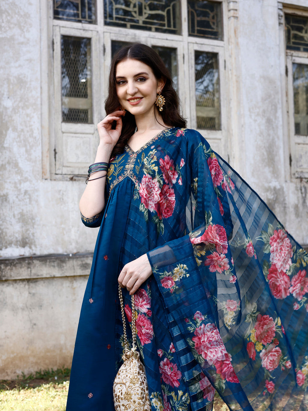 Embroidered & Floral Printed Flared Kurta with pant & dupatta (Blue) Hiralal Fashion