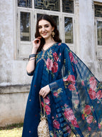 Embroidered & Floral Printed Flared Kurta with pant & dupatta (Blue) Hiralal Fashion