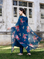 Embroidered & Floral Printed Flared Kurta with pant & dupatta (Blue) Hiralal Fashion
