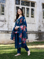 Embroidered & Floral Printed Flared Kurta with pant & dupatta (Blue) Hiralal Fashion