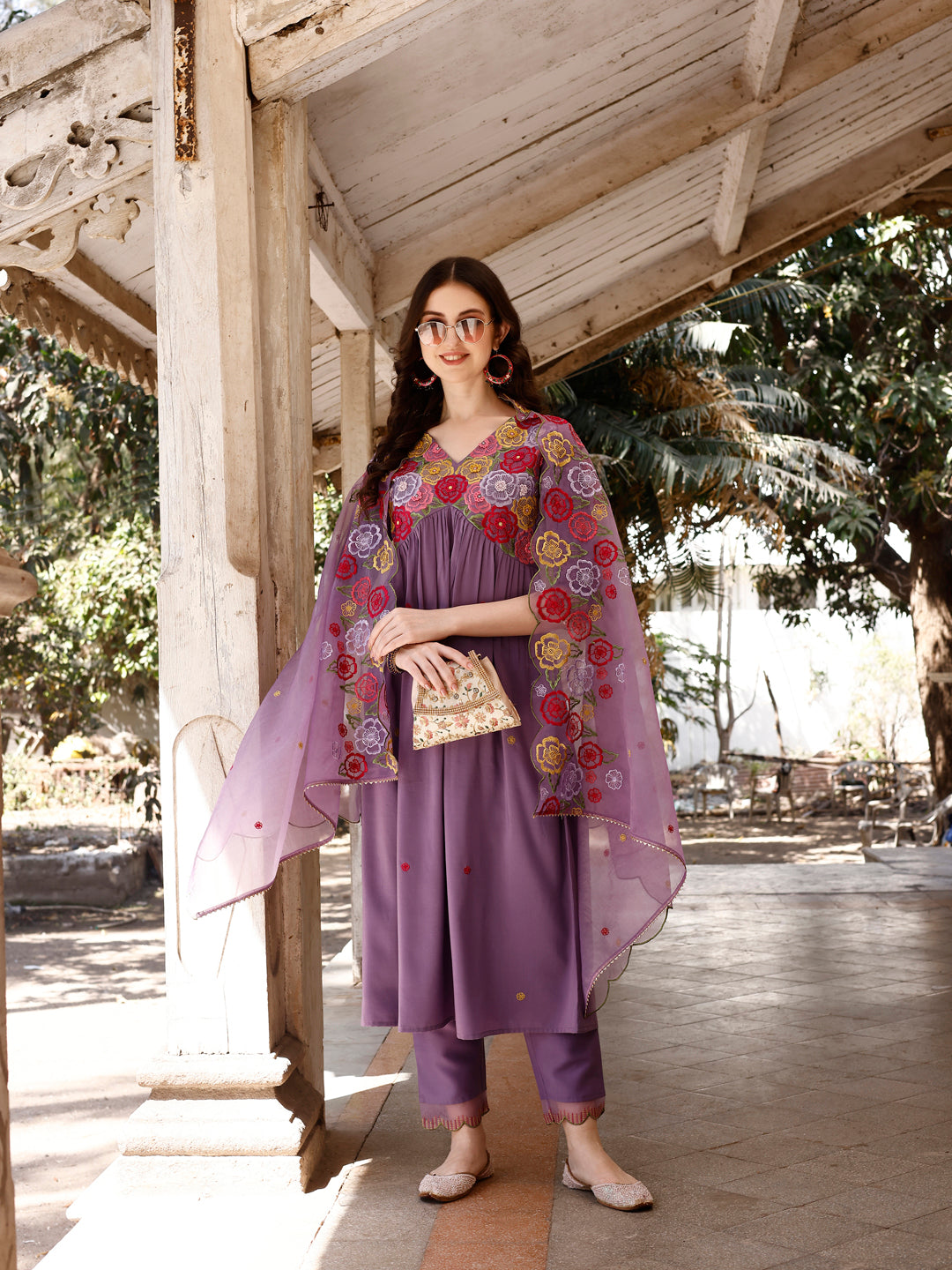 Alia Cut Hand Embroidered & Floral Embroidered Kurta with Pant & Organza Embroidered Dupatta (L:avender) Hiralal Fashion