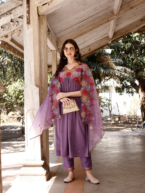 Alia Cut Hand Embroidered & Floral Embroidered Kurta with Pant & Organza Embroidered Dupatta (L:avender) Hiralal Fashion