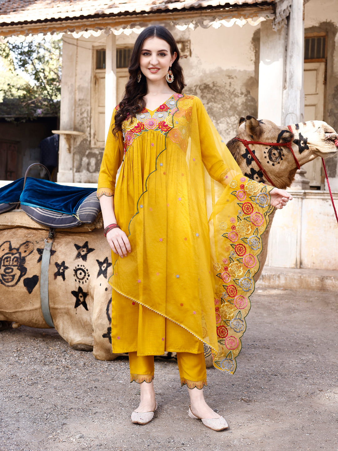Alia Cut Hand Embroidered & Floral Embroidered Kurta with Pant & Organza Embroidered Dupatta (Mustard) Hiralal Fashion