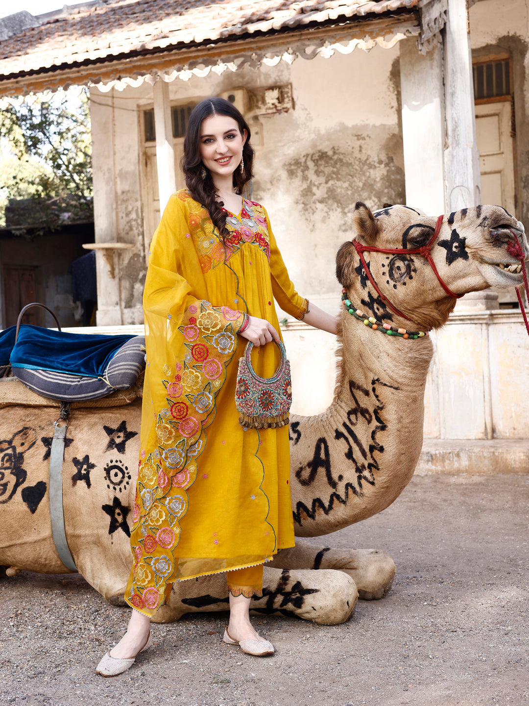 Alia Cut Hand Embroidered & Floral Embroidered Kurta with Pant & Organza Embroidered Dupatta (Mustard) Hiralal Fashion