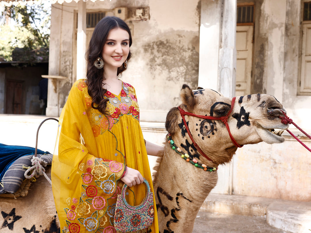 Alia Cut Hand Embroidered & Floral Embroidered Kurta with Pant & Organza Embroidered Dupatta (Mustard) Hiralal Fashion