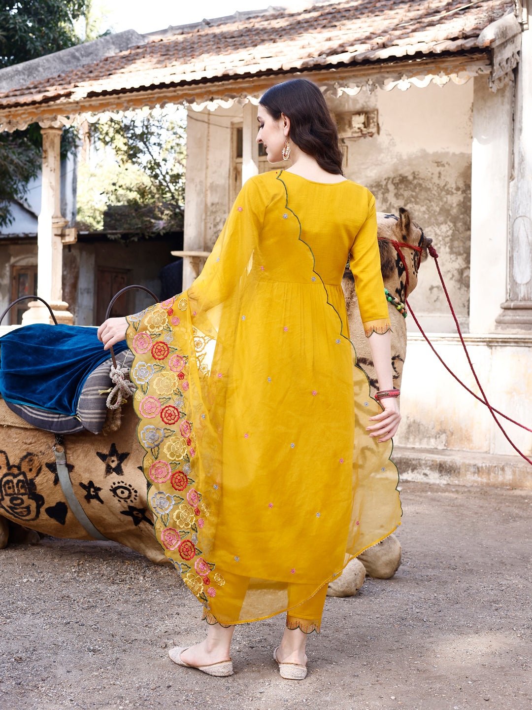 Alia Cut Hand Embroidered & Floral Embroidered Kurta with Pant & Organza Embroidered Dupatta (Mustard) Hiralal Fashion