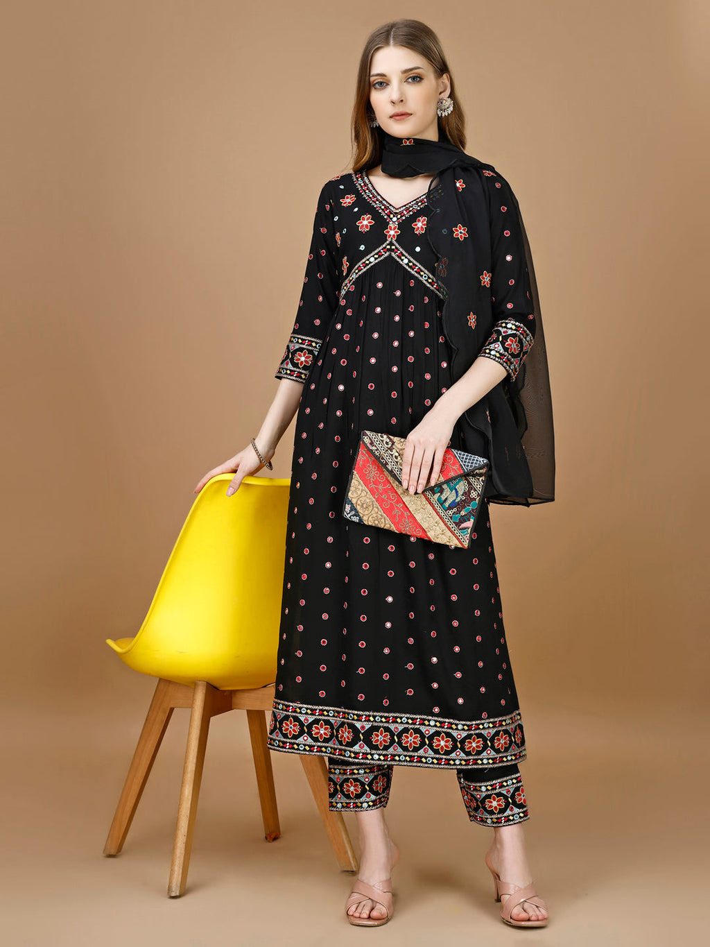 Alia Cut Mirror embroidered Kurta with embroidered Pant & Dupatta (Black) Hiralal Fashion