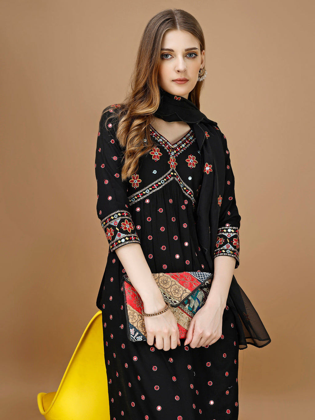 Alia Cut Mirror embroidered Kurta with embroidered Pant & Dupatta (Black) Hiralal Fashion