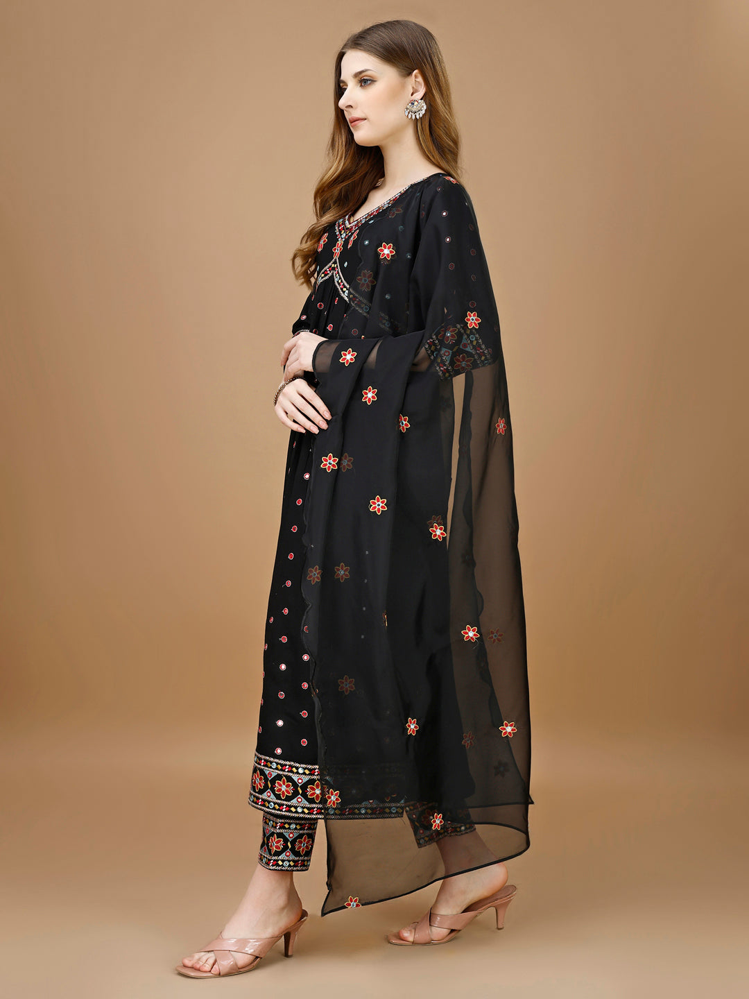 Alia Cut Mirror embroidered Kurta with embroidered Pant & Dupatta (Black) Hiralal Fashion