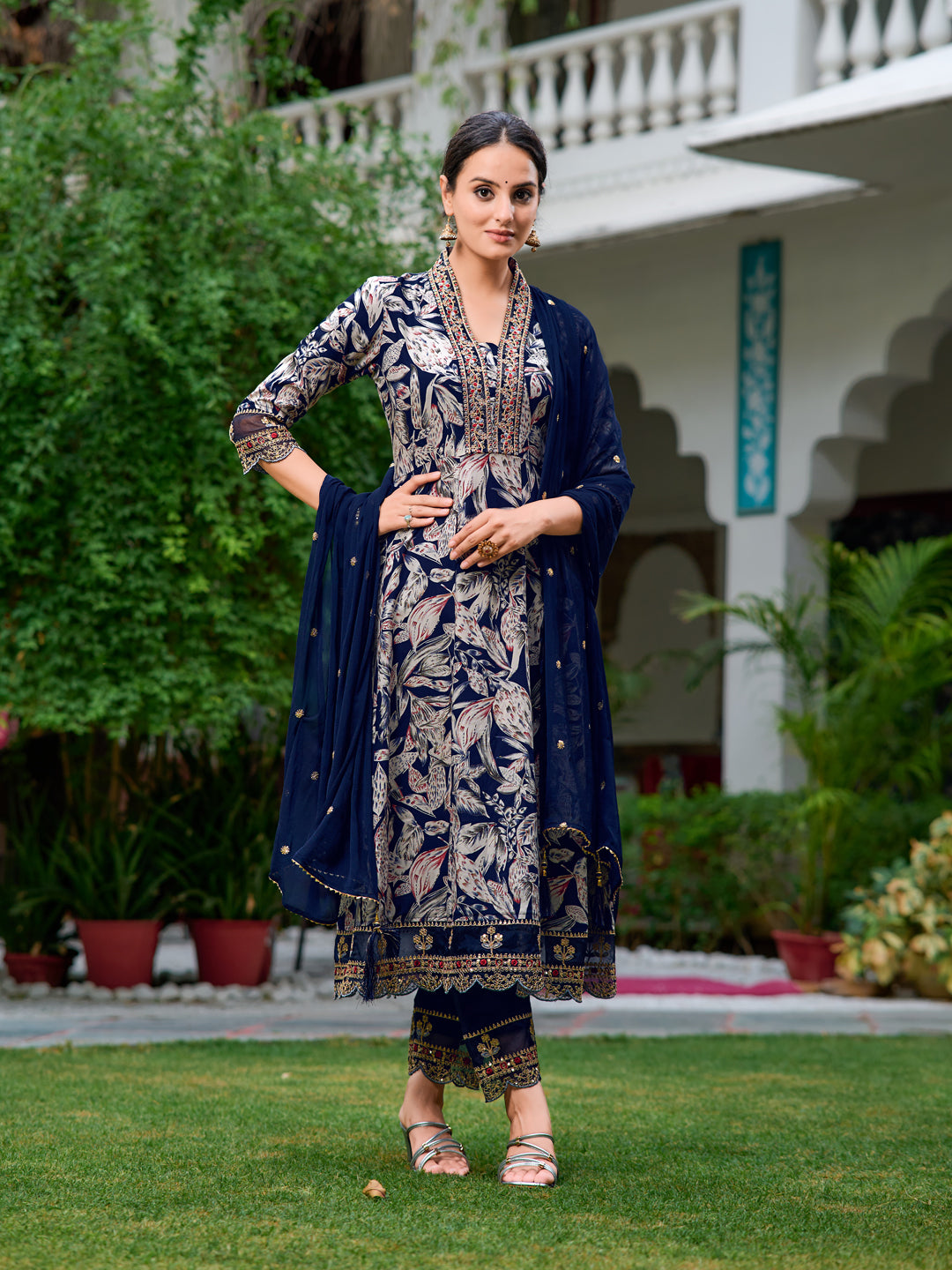 Embroidered & Botanical Printed Anarkali kurta with pant & Embroidered Dupatta (Navy Blue) Hiralal Fashion