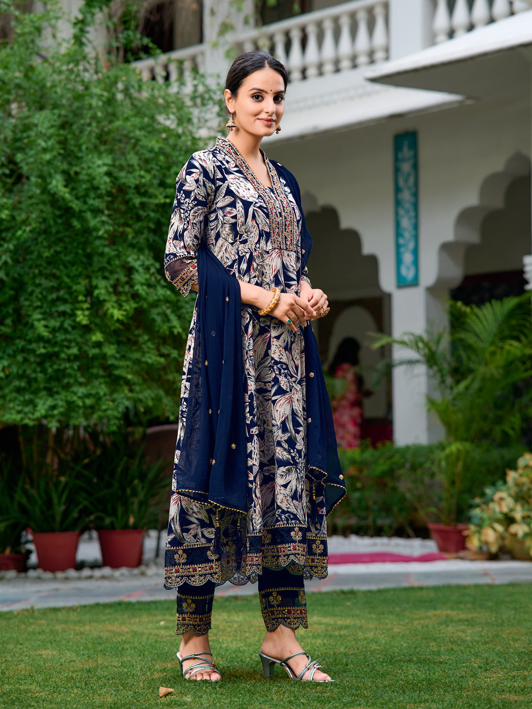Embroidered & Botanical Printed Anarkali kurta with pant & Embroidered Dupatta (Navy Blue) Hiralal Fashion
